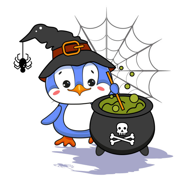 可爱的企鹅戴着万圣节帽子和大锅。矢量插图。图片下载