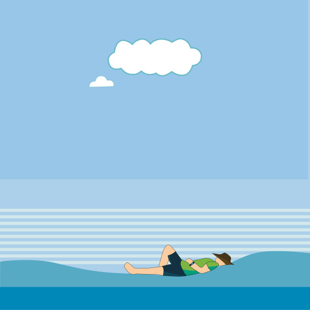 戴着帽子的男人在度假的海滩上放松。蓝色背景与云彩。矢量插图漫画。图片下载