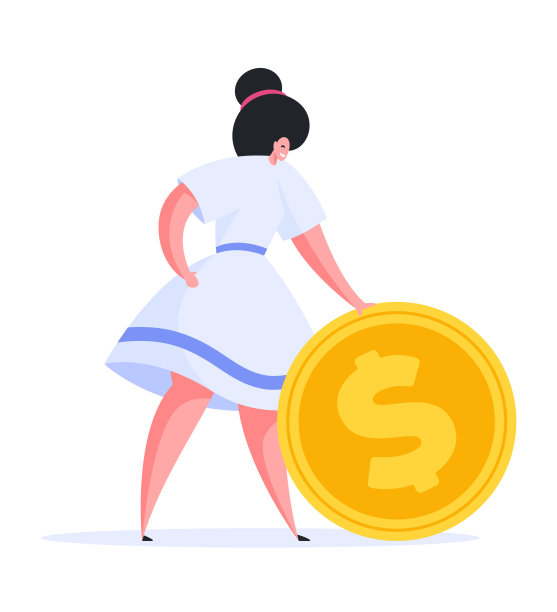 快乐的现代女性与硬币。平面向量插图图片下载