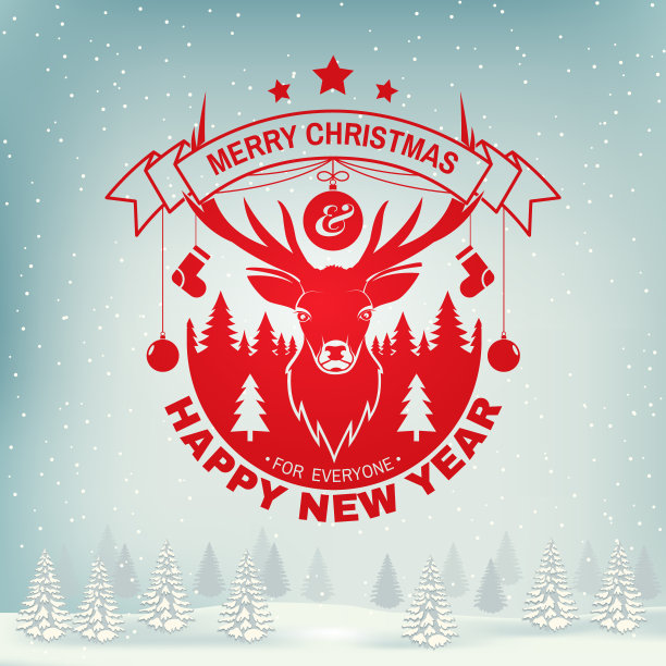 圣诞快乐，新年快乐邮票，麋鹿贴纸，森林景观，挂圣诞球。向量。复古的排版设计为圣诞节，新年的象征在复古风格。图片下载