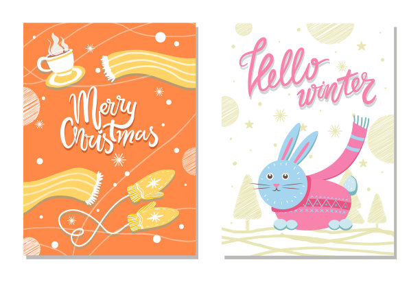 你好冬天明信片兔子围巾连指手套图片下载