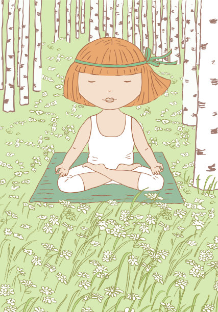 矢量插图的小女孩做瑜伽在草地上的桦树林图片下载