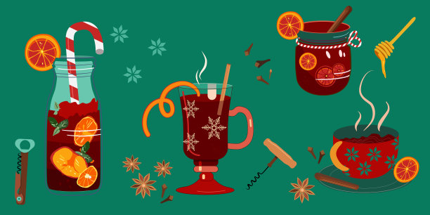 用不同的特制玻璃杯盛红酒，瓶中有条纹管，红色和白色蝴蝶结。开瓶器。八角，肉桂条和橘子片更香。圣诞热饮，新年派对套餐。图片下载