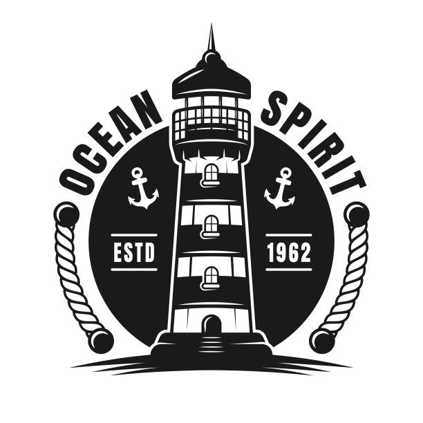 灯塔矢量标志，标签，徽章或标志与文字海洋精神单色复古插图孤立在白色背景图片下载