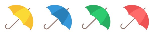 矢量插图黄色，蓝色，红色和绿色雨伞在卡通风格。伞图标设置隔离在白色背景。图片下载