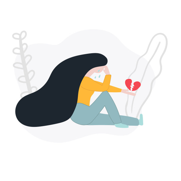 女人坐在那里哭泣，手里握着一颗破碎的心。哭泣的女孩，情绪，眼泪。图片下载