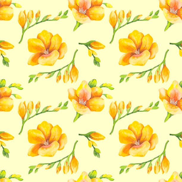 水彩无缝模式的黄色小苍兰花。图片下载