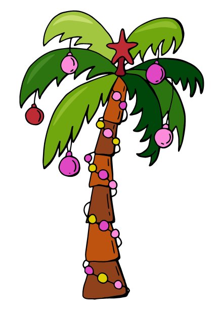用花环，球，星星装饰的棕榈树。异国情调的新年。图片下载