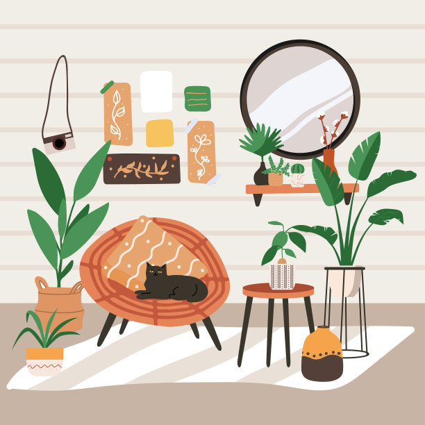 斯堪的纳维亚hygge风格的室内与猫。舒适的家具和家居装饰套装。舒适的客厅或公寓，扶手椅，植物，灯，地毯，家居元素。平面矢量插图包图片下载