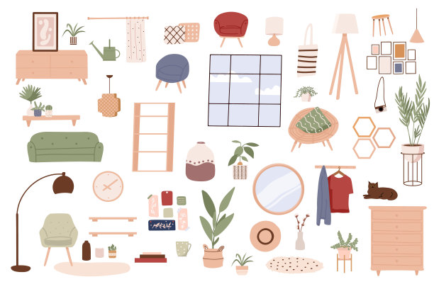 时髦的斯堪的纳维亚hygge内饰，波西米亚风格。沙发、衣柜、镜子、扶手椅、植物、台灯、家居装饰品。舒适的室内客厅或公寓家具。平面矢量插图包图片下载