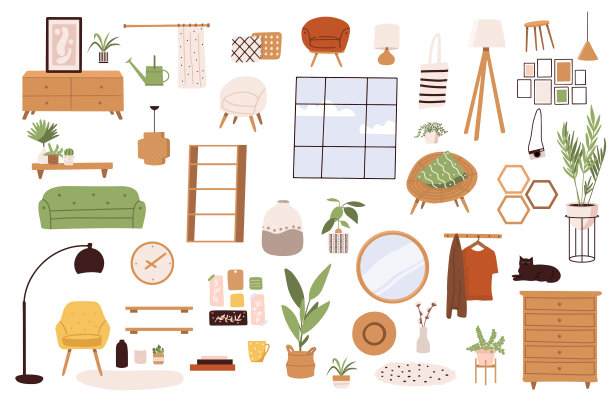 新潮的斯堪的纳维亚hygge室内，波西米亚风格。沙发，衣柜，镜子，扶手椅，植物，灯，家居装饰。舒适的室内客厅或公寓家具。平面矢量插图束图片下载