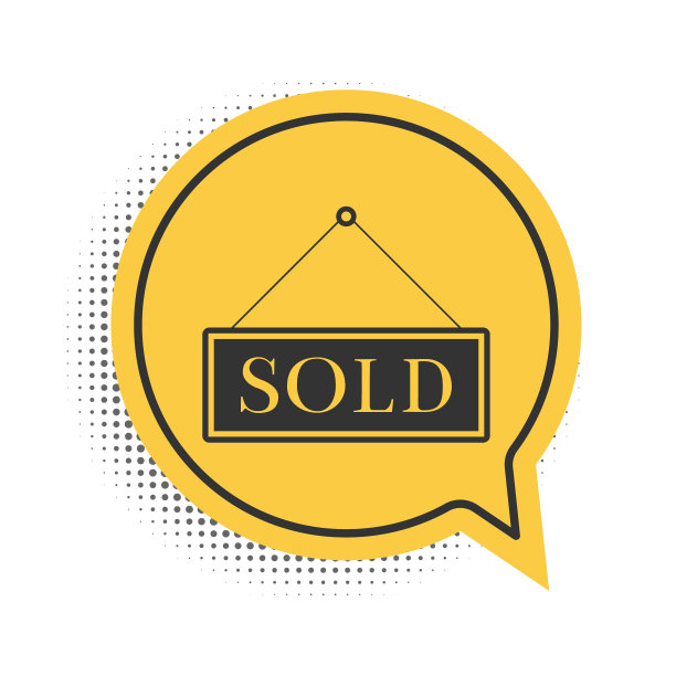 黑色出售图标孤立在白色背景。贴纸出售。出售招牌。黄色语音气泡符号。向量图片下载