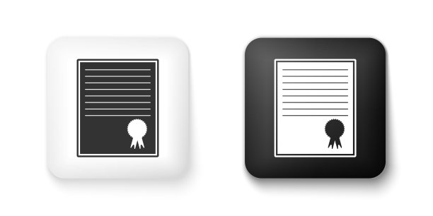 黑白证书模板图标隔离在白色背景上。成就，奖励，学位，授予，文凭概念。商业成功的证书。方形按钮。向量图片下载