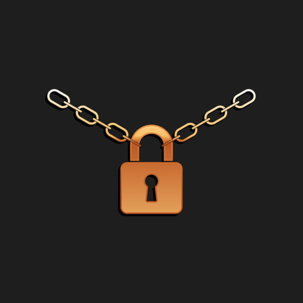 金色金属链和锁定图标隔离在黑色背景。挂锁和钢链。长长的阴影风格。向量图片下载