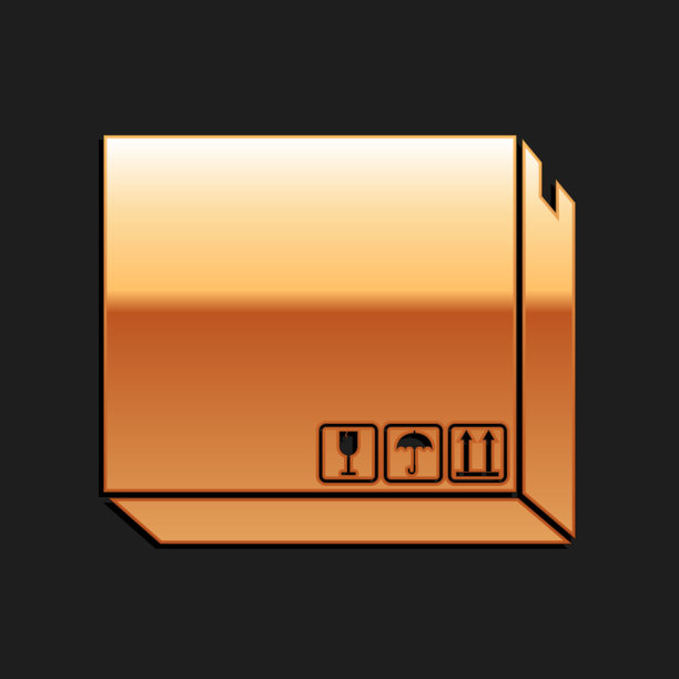 金色纸盒与交通标志图标孤立在黑色背景。交付和包装。交通和运输。长长的阴影风格。向量图片下载