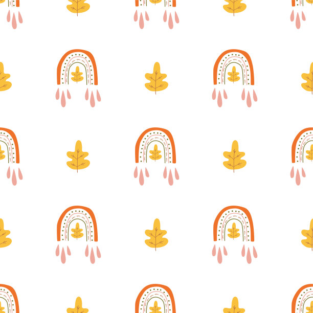 无缝下落模式。秋色彩虹配橡树叶，秋色背景，壁纸秋色波西米亚风格贺卡。图片下载