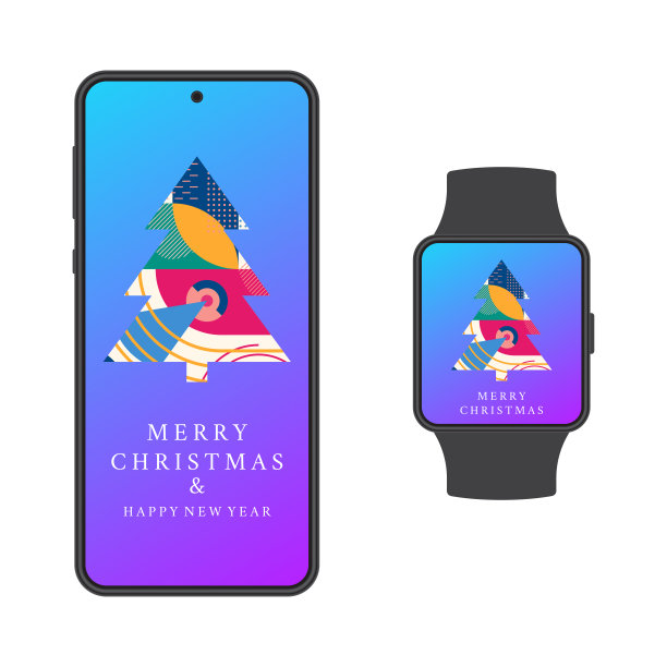 在智能手机和智能手表屏幕上设置几何纹理的抽象圣诞树，圣诞快乐和新年快乐横幅。社交媒体帖子，故事，贺卡设计。向量。图片下载