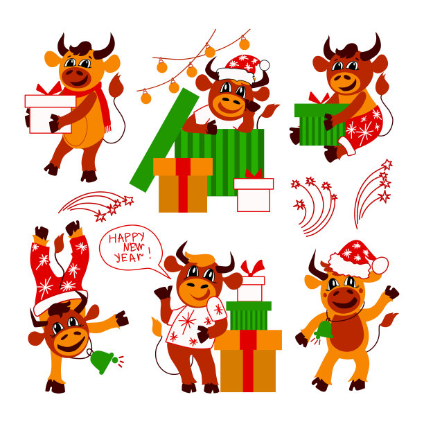 一组可爱的圣诞公牛。新年快乐。卡通。象征着中国新年。圣诞贺卡。2021. 平面矢量插图上孤立的白色背景。图片下载
