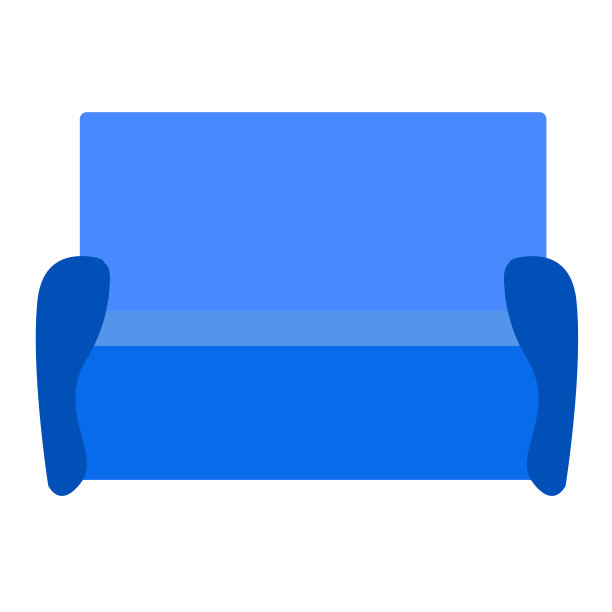 白色背景上有扶手的简单的蓝色沙发。孤立的矢量插图在一个平坦的风格。“复古”方式。公寓和办公室家具。室内设计。图片下载