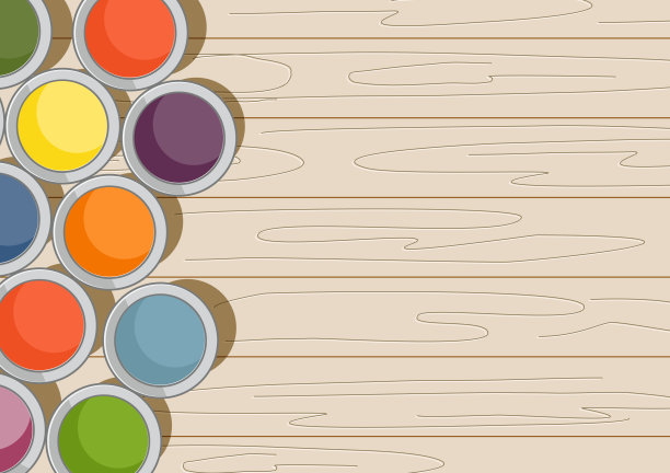 用彩色的画笔在木制的背景上画彩色的罐子，插图。图片下载
