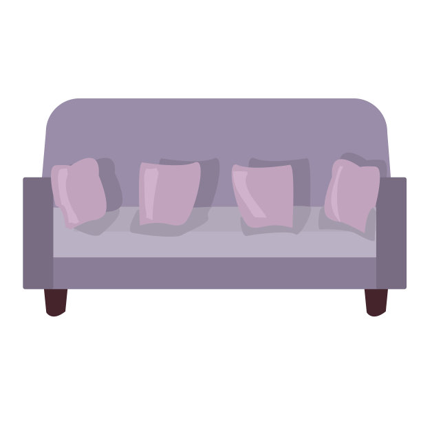 白色背景上有四个枕头的紫色沙发。孤立的矢量插图在一个平坦的风格。“复古”方式。公寓和办公室家具。室内设计。图片下载