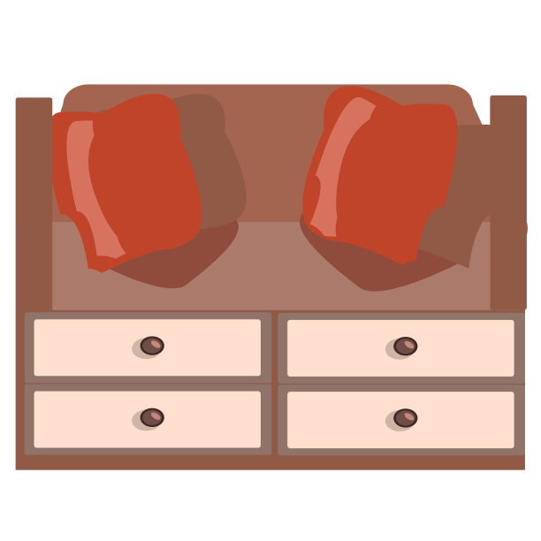 白色背景上有四个抽屉和两个枕头的现代躺椅。孤立的矢量插图在一个平坦的风格。“复古”方式。公寓和办公室家具。室内设计。图片下载