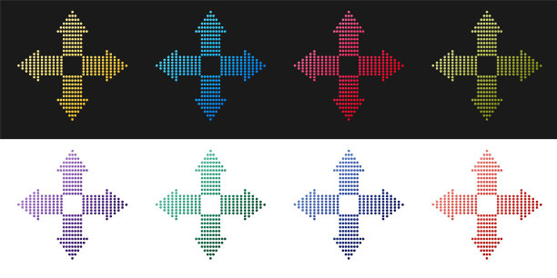 设置箭头点在四个方向图标孤立的黑白背景。向量图片下载