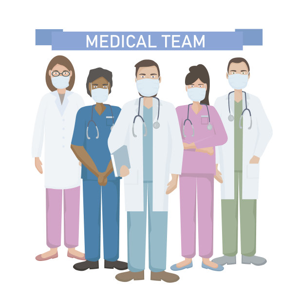 一队身穿制服的医生和医务工作者。佩戴医用口罩，以预防病毒和感染。医疗救助的概念。向量图片下载