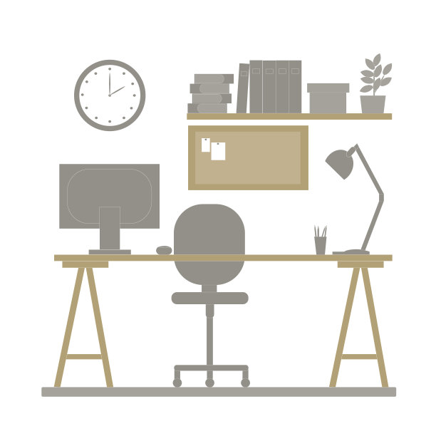 工作场所。为成功的工作安排空间。舒适的桌椅、电脑及必备物品。矢量设计图片下载