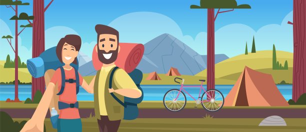 露营放松身心。在自然中度假，森林营地。国内旅游，徒步旅行。徒步旅行矢量图图片下载