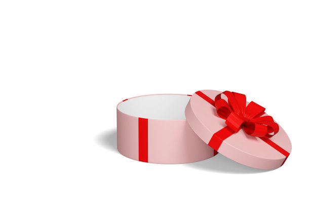 粉红色的礼品盒与红色的弓孤立在白色的背景。3 d演示。图片下载