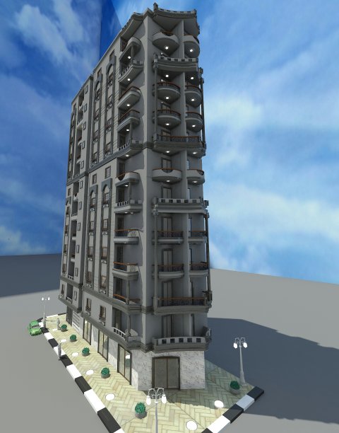 2.5D彩色渲染建筑房地产道路树木天空视图图片下载