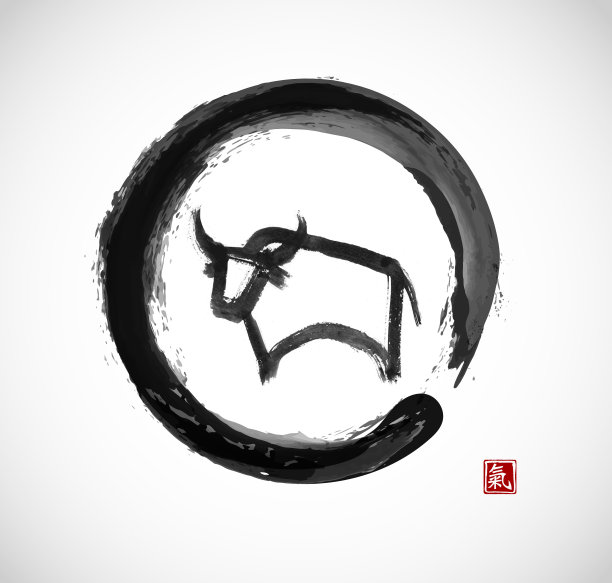 水墨画公牛，黑色恩索禅宗圈的2021年中国新年象征。象形文字的翻译-生命能量图片下载
