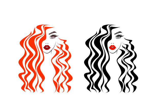 美丽性感女人的脸庞，红唇，卷曲的黑红头发造型，时尚发型师，元素设计，水疗沙龙。美丽的象征。矢量插图。孤立在白色的。图片下载