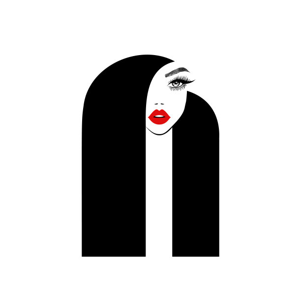 美丽的象征，美丽的女人的脸，性感的黑色嘴唇，睫毛的延伸，时尚的女人，长长的发型，发廊的标志，图标。矢量插图。图片下载