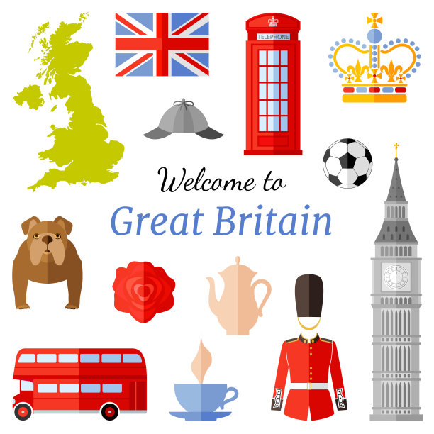 模板与邀请到英国。印有英国著名标志的旗帜。向量illusation。图片下载