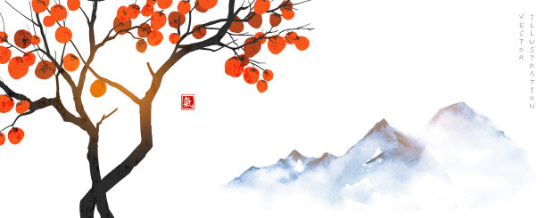 柿子树上结着桔黄色的大果实，远处青山绿水。象形文字的翻译-生命能量。矢量插图在日本风格。图片下载