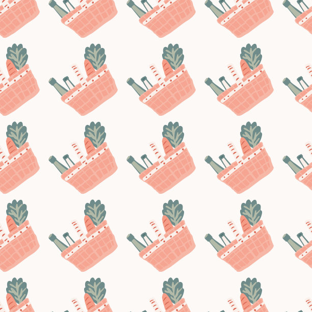 孤立无缝图案与粉红色篮子。野餐产品的白色背景。图片下载