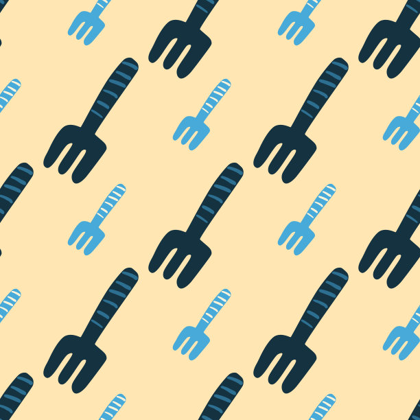 蓝色简单的耙子轮廓无缝图案。光橙色背景。花园工具的背景。图片下载