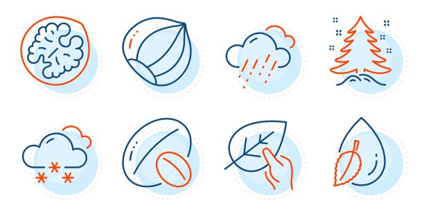 核桃，水滴和圣诞树图标集。下雪天气，有机测试和大豆坚果标志。向量图片下载