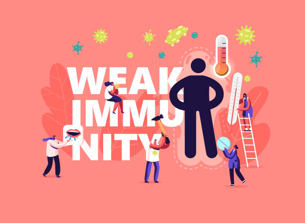 弱免疫的概念。微小的男性和女性角色与药物和温度计在巨大的人类，免疫系统图片下载