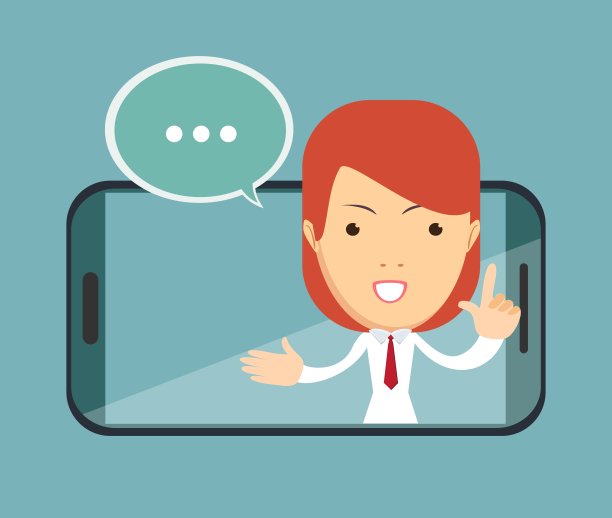 在智能手机屏幕上微笑的女性说话。视频电话。客户服务理念图片下载