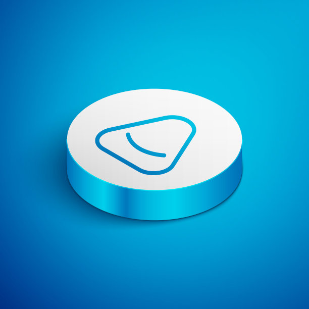 等距线Pouf图标隔离在蓝色背景。柔软的椅子。座位的袋子。舒适的家具椅。白色的圆按钮。向量图片下载