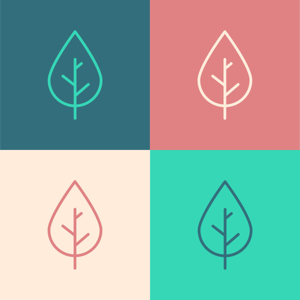 波普艺术线叶子图标孤立的颜色背景。新鲜天然的产品标志。向量图片下载