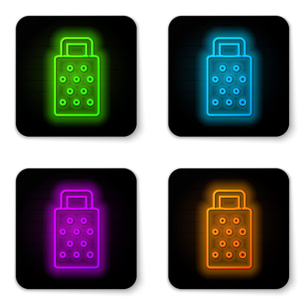 发光的霓虹灯线Grater图标孤立的白色背景。厨房的象征。烹饪用具。餐具的迹象。黑色方形按钮。向量图片下载