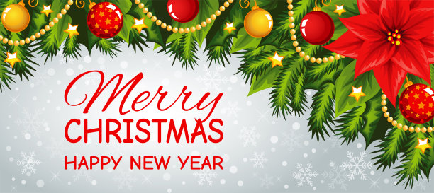 横幅上写着圣诞快乐的文字，用红色的花朵和绿色的松树树枝装饰圣诞细节。图片下载