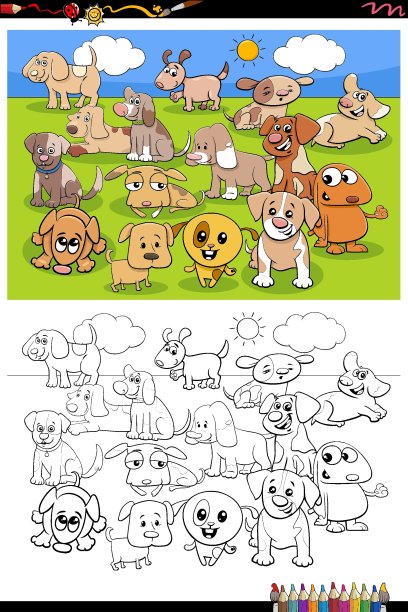 卡通搞笑小狗群涂色书页图片下载