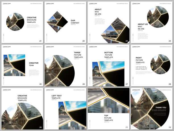宣传册布局的方形格式包括设计模板的方形传单传单，宣传册设计，报告。抽象的黑色和金色项目与剪贴蒙版，几何形状的照片。图片下载