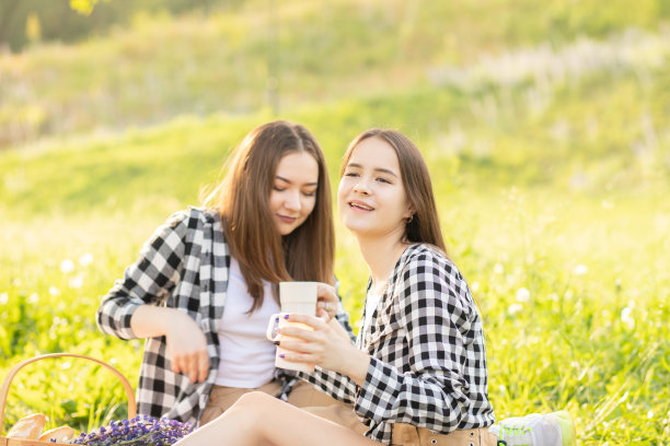 夏天在公园的草地上野餐。两个小女孩玩得很开心图片下载