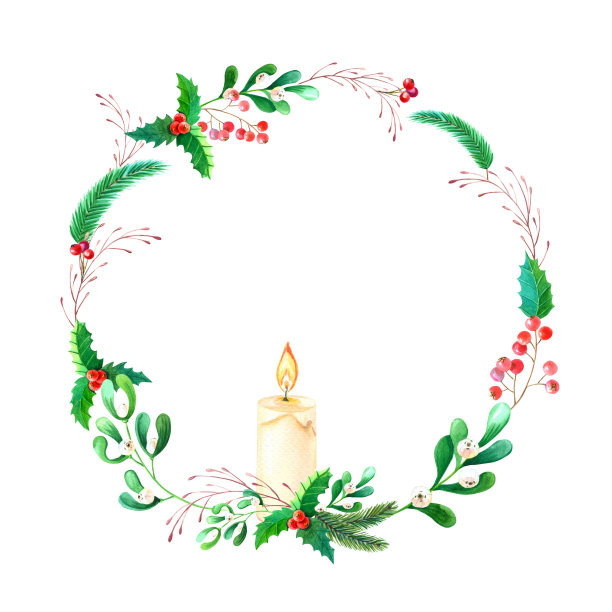 水彩圣诞花环。植物框架。冬天的卡片上有蜡烛，绿色的树枝，冬青的叶子，浆果。图片下载